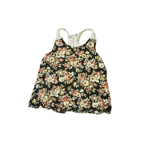 Aribella sz lg/xl Cloral Crochet Back Tank Top - Black with Pink & Cream Flowers